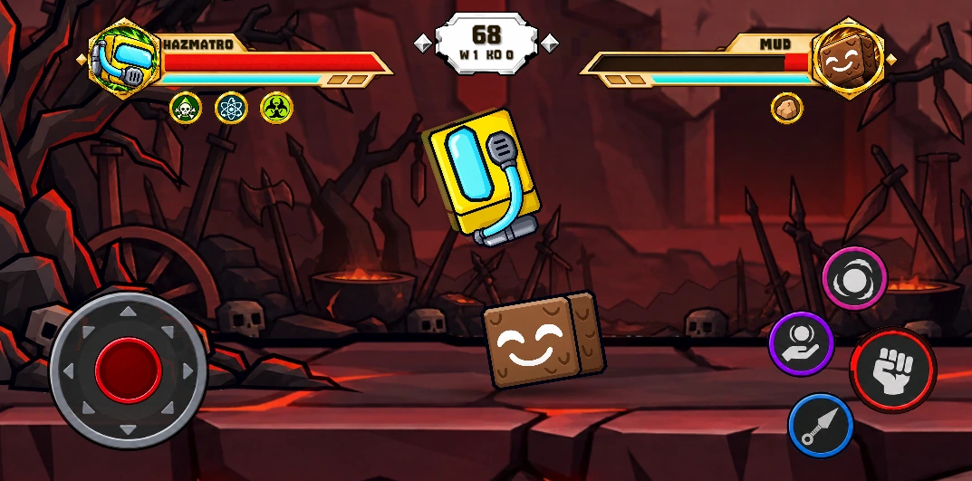 Hazmatro jumping above Mud in a lava-filled arena, with the mobile fighting controls visible